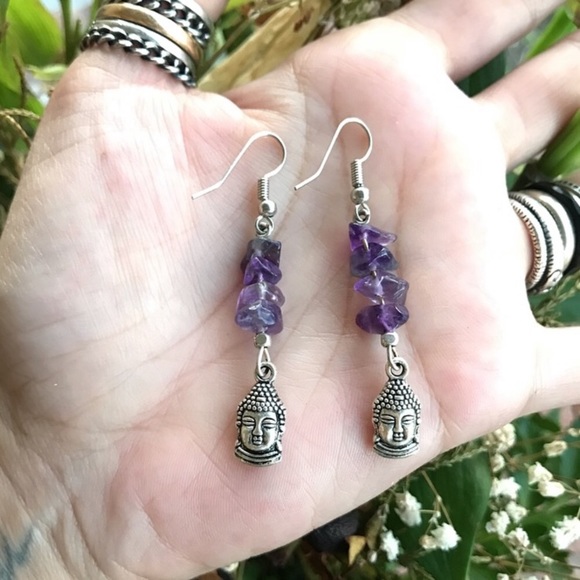 Handmade dangly earrings Amethyst chips buddha charm steel post boho gemstones - Picture 3 of 8